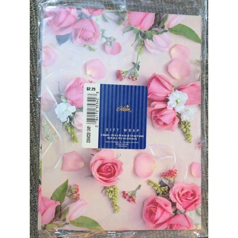 Vintage Pink Rose Gift Wrap Gibson‎ 2 Pk + 1, 5 Sheets NOS Flowers Valentines